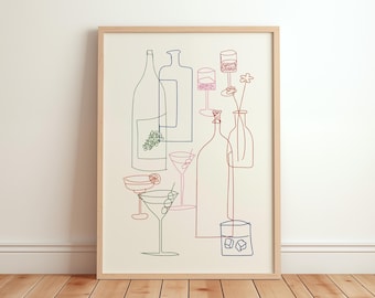 Cocktail Dinner Party Art Print, Hand Drawn Retro Cocktail Poster, Mid Century Modern Print, Funky Apartment Decor, Bar Cart Menu Print
