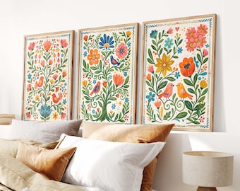 Set Of 3 Floral Wall Art, Cottagecore Botanical Prints, Mid Century Folk Art Flower Decor, Colorful Scandinavian Style Art for Living Room