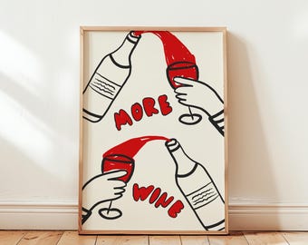 Retro meer wijn print, wijnglazen cheers print, barwagen art print, esthetische keuken kunst aan de muur, drankje poster, handgetekende eetkamer decor