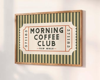 Coffee Wall Art Print,  Coffee Station Bar Poster, Green Striped Retro Ticket Kitchen Decor, Mid Century Modern Cafe Sign