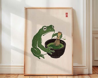 Matcha Frog Wall Art, Japanese Style Poster, Cute Frog Illustration, Japandi Aesthetic Wall Art, Matcha Lover Gift, Trendy Kitchen Decor