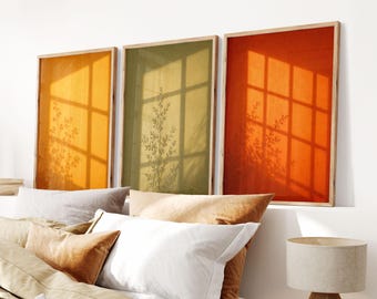 Window Shadow Wall Art Set of 3, Orange Sage Green Sunlight Prints, Aesthetic Botanical Silhouette Posters, Warm Minimalist Nature Decor