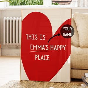 Personalized This Is My Happy Place Print, Custom Name Poster, Aesthetic Apartment Decor, Cute Red Heart Wall Art, Trendy Minimalist Poster