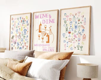 Set of 3 Poster, Trendy Retro Wine & Dine Print, Maximalist Kitchen Wall Art, Bar Cart Decor, Food and Drinks Illustration, Apartment Decor