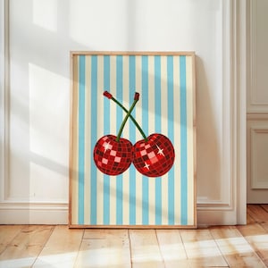 Disco Cherries Print, Disco Ball Red Cherries Art Print, Trendy Kitchen Wall Art, Preppy Dorm Room Decor, Aesthetic Home Decor, Vintage Art