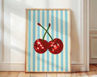 Disco Cherries Print, Disco Ball Red Cherries Art Print, Trendy Kitchen Wall Art, Preppy Dorm Room Decor, Aesthetic Home Decor, Vintage Art