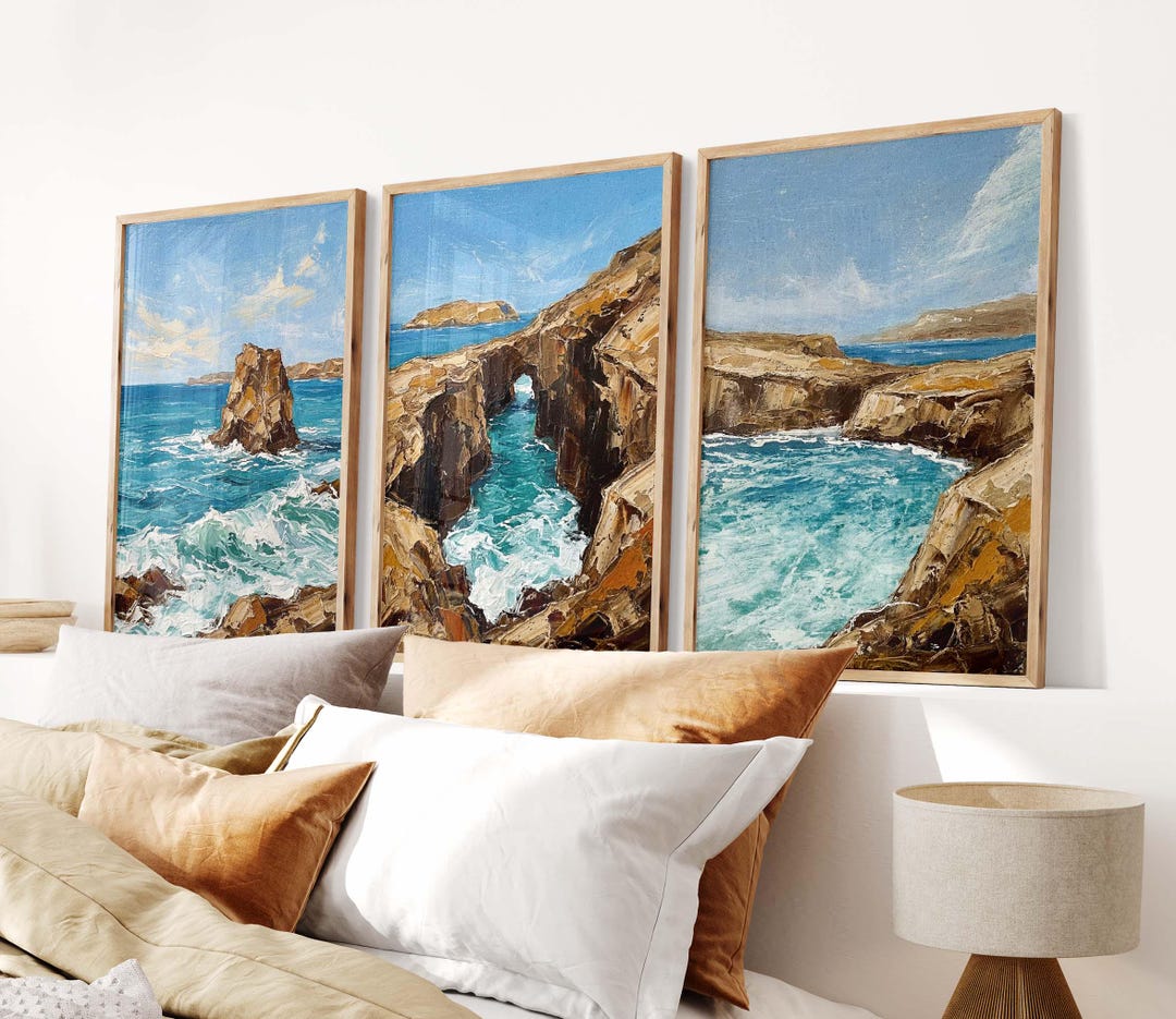 Coastal Wall Art Set of 3, Ocean Cliff Landscape Triptych, Beach Wall ...