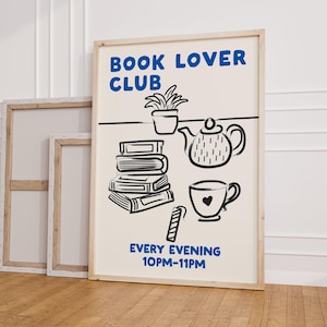 Boekenclubposter, retro esthetische boekenliefhebber kunst aan de muur, trendy slaapkamer decor, poster voor lezers, leesbenodigdheden print, boekenliefhebber cadeau
