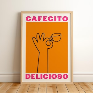 Coffee Art Print, Trendy Kitchen Wall Art, Retro Hand Drawn Illustration, Aesthetic Apartment Decor, Spanish Kitchen Poster, Cafecito Print
