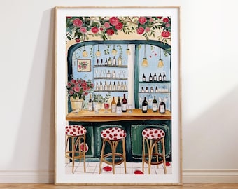 Vibrant Wine Bar Painting, French Pub Art Print, Cozy Kitchen Decor, Dining Room Wall Art, European Cafe Scene Art, Bar Cart Print