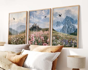 Dragon Wall Art Set of 3 - Fantasy Wildflowers and Castle Landscape Prints, Book Lover Decor, Medieval Nature Decor, Reading Nook Posters