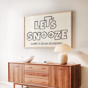 Let&#39;s Snooze Poster, Mid Century Print, Trendy Bedroom Wall Art, Typography Print, Funny Sleep Poster, Horizontal Wall Art, Above Bed Decor