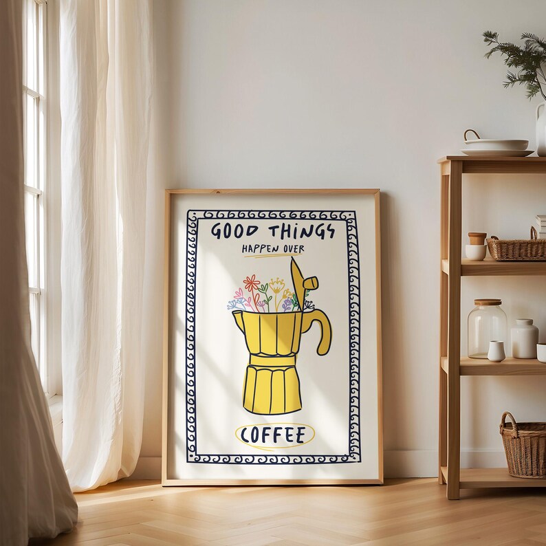 Retro Moka Poster, Blumen italienischer Kaffeedruck, Kaffeebar Wandkunst, trendiges Küchendekor, Kaffeeliebhaber, ästhetische Wohnung Wandkunst Bild 5