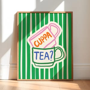 Poster Cuppa Tea, Arte murale alla moda per la cucina, Decorazione estetica per appartamenti, Stampa carina per tazze da tè, Ispirazione per pareti di gallerie domestiche, Arte disegnata a mano
