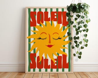 Plakat Soleil French, Estetyczny wydruk artystyczny słońca, Wystrój nowoczesnego mieszkania w stylu boho, Kolorowa sztuka ścienna, Jasna sztuka ścienna z dopaminą, Sztuka w letnim klimacie