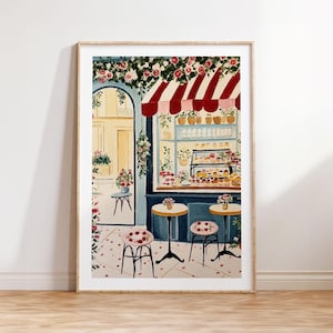 Charming French Patisserie Art Print, Parisian Bakery Scene, Sweet Dessert Cafe Wall Decor, Kitchen Wall Art, Foodie Gift, Food Illustration