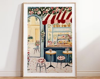 Charming French Patisserie Art Print, Parisian Bakery Scene, Sweet Dessert Cafe Wall Decor, Kitchen Wall Art, Foodie Gift, Food Illustration