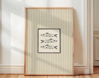 Striped Sardine Wall Art Print, Minimalist Coastal Kitchen Decor, Neutral Fish Wall Art, Scandinavian Poster, Modern Beach House Artwork
