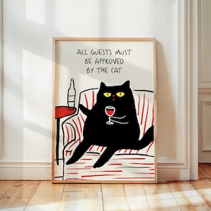 Poster divertente con gatto, arte murale per amanti dei gatti, arredamento alla moda per appartamenti, stampa artistica con citazione tipografica divertente, tutti gli ospiti devono essere approvati dal gatto