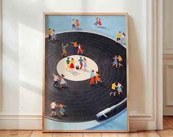 Vinyl Record Player Art Print, Dancing People Poster, Retro Music Wall Art, Blue Dance Floor Illustration, Music Lover Decor, Unframed
