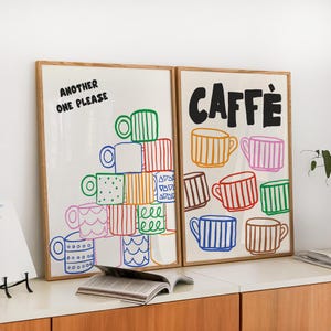 Set of 2 Coffee Prints, Caffe Illustration Posters, Trendy Maximalist Kitchen Decor, Fun Apartment Wall Art, Hand Drawn Prints