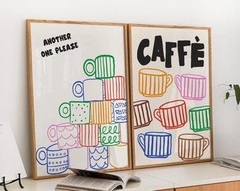 Set of 2 Coffee Prints, Caffe Illustration Posters, Trendy Maximalist Kitchen Decor, Fun Apartment Wall Art, Hand Drawn Prints