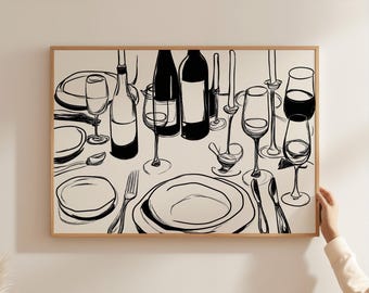 Dinner Party Food Poster, Vintage Kitchen Wall Art, Wine Bottles Illustration Art, Cheers Art Print, Dining Room Decor, Table Scene Poster