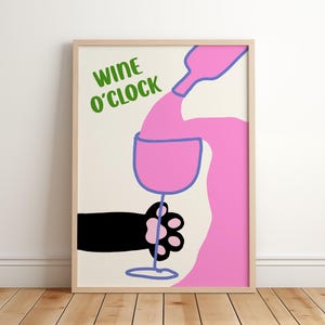 Wine O'clock poster, grappige kattenprint, retro keukendecor, moderne muurkunst uit het midden van de eeuw, kattenposter, decor barwagen
