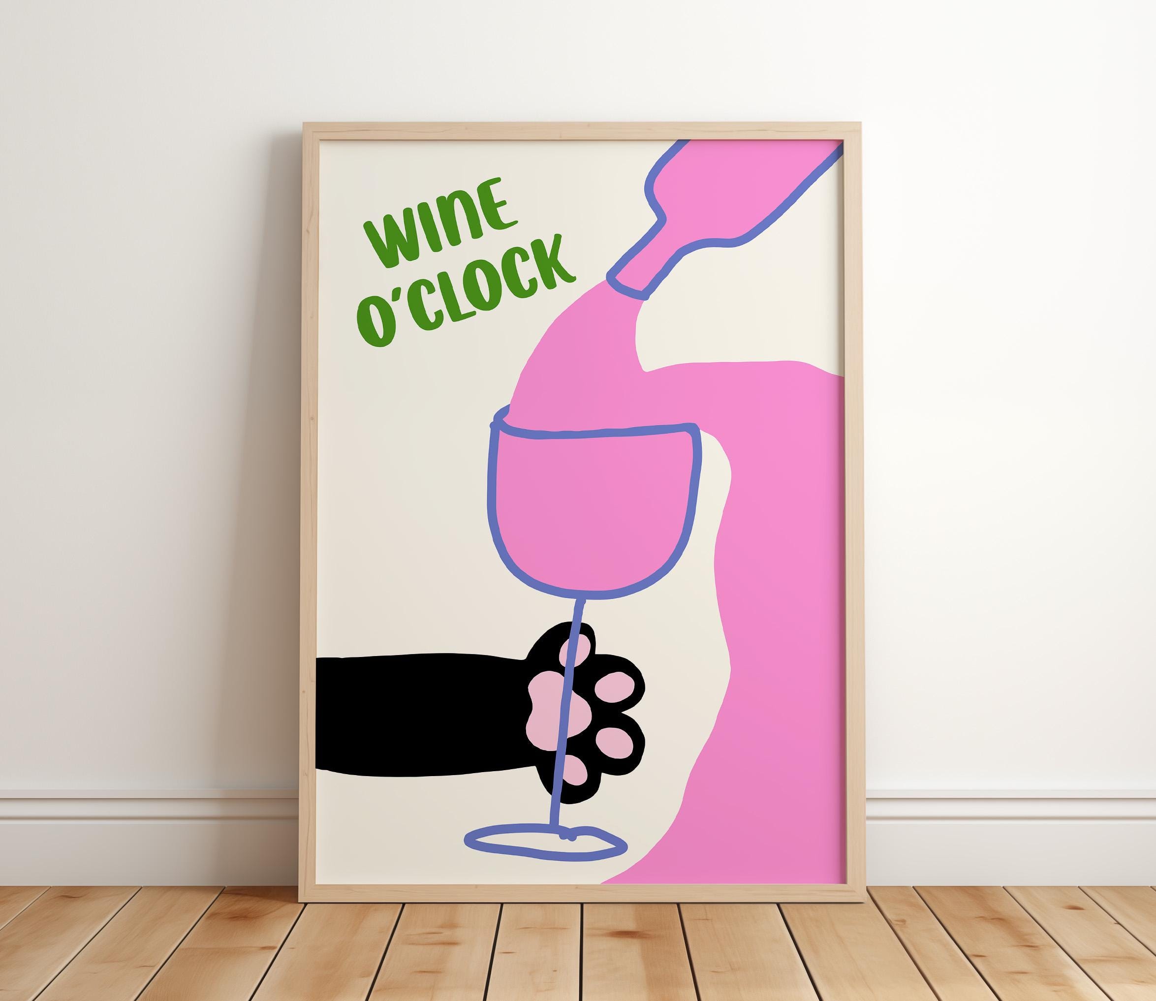 Wine O'clock Poster, Funny Cat Print, Retro Kitchen Decor, Mid Century Modern Wall Art, Cat Poster, Bar Cart Decor
