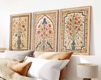 Indian Wall Art Set of 3, Mughal Floral Prints, Traditional Indian Home Decor, Vintage Oriental Botanical Poster, Maximalist Gallery Wall