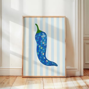 Disco Ball Chili Pepper Print, Funky Kitchen Wall Art, Food Illustration, Trendy Retro Home Decor, Aesthetic Dining Room Wall Art