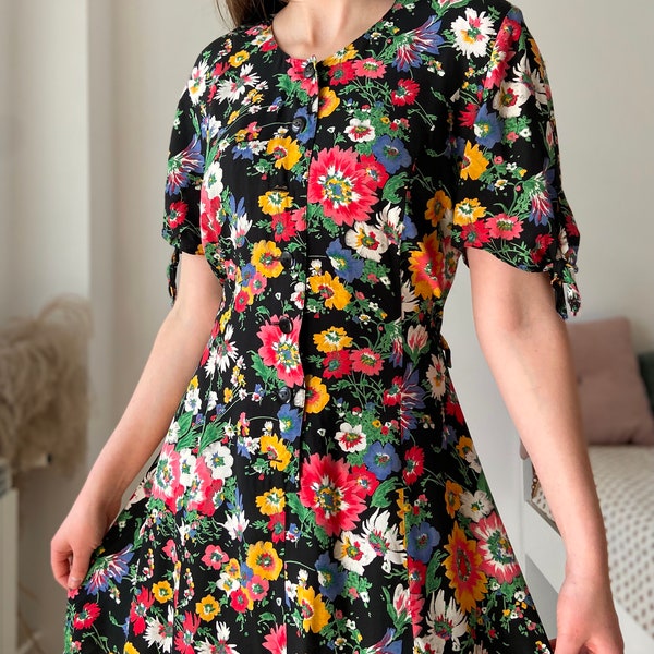 90’s vintage viscose floral dress cottagecore vintage dress elegant midi dress flower print summer retro
