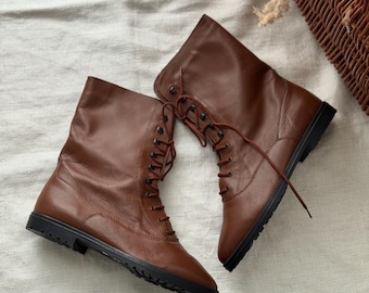 Leather vintage Italian brown boots 100% real leather lace-up boots edvardian victorian tyrolean peasant shoes retro inspired size 38 (7 US)