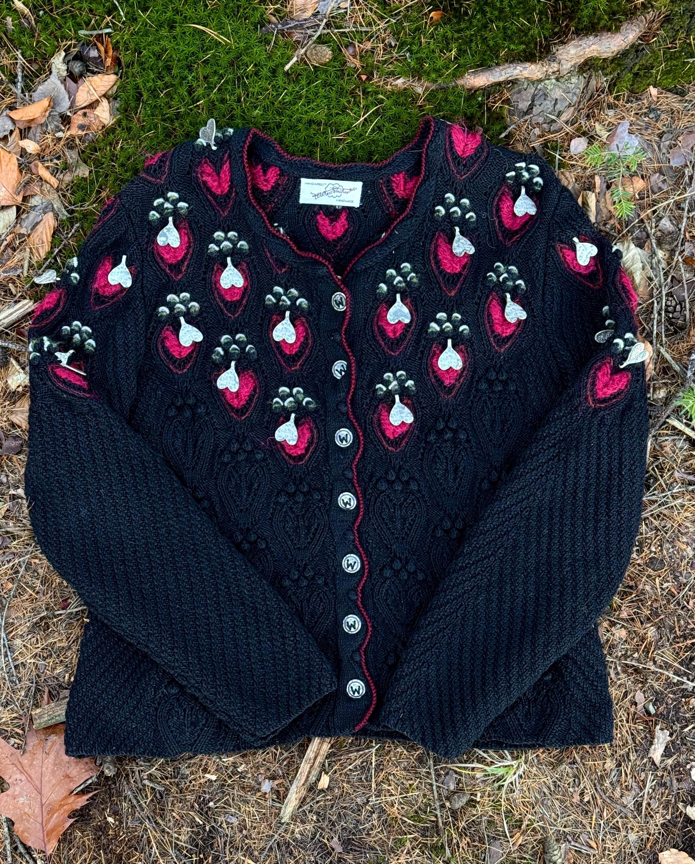 RARE Wolkenstricker Cardigan 80s West Germany Handmade Wool Silk Linen Embroidered Handknitted Tyrolean Bavarian Christmas Festive L-XXL