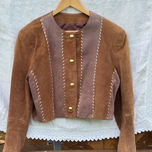 Vintage-Jacke aus Wildleder im 90er-Jahre-Stil, Patchwork-Design, echtes Leder, Herbstjacke im Dino-Stil, Western-Cowboy-Stil