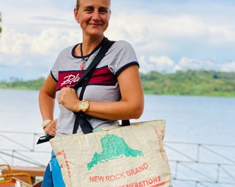 Hand-sewn shopping bag made from recycled cement bags by women in Uganda