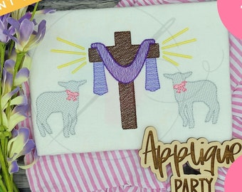 Easter Cross and Lamb Trio with Bows | Machine Applique Embroidery Design | Quick Sketch Stitch | Instant Download