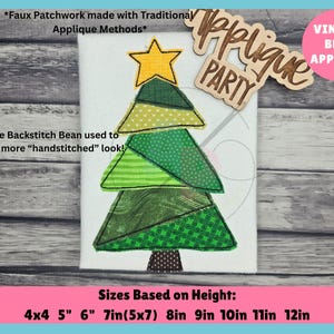 May include: A Christmas tree applique design on white fabric, featuring various shades of green patchwork and a yellow star. The design is labeled "Vintage Bean Applique" and "Applique Party". Sizes are listed from 4x4 to 12 inches.