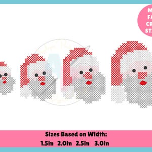May include: A series of four Santa Claus faces in a faux cross-stitch design. Each Santa has a red hat, a white beard, and a red mouth. The sizes are based on width: 1.5in, 2.0in, 2.5in, and 3.0in. A pink circle reads "Mini Faux Cross Stitch".