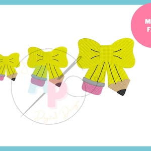May include: Three yellow pencil bow designs with black lines and pencil tips in pink, gray, and brown. The bows are in different sizes, with the largest one on the right. A pink circle with the words "MINI FILL" is in the upper right corner.