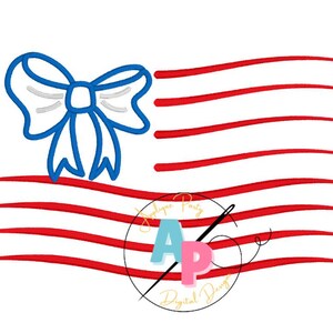 May include: An embroidery design featuring a blue outlined bow on the left side and several horizontal red wavy lines representing stripes. A circular logo with the text Applique Party Digital Design and a needle icon is centered below.