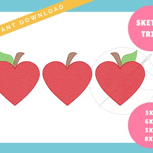 Sketch Apple Heart TRIO  Back to School Fall Design | Machine Applique Embroidery Design | Quick Sketch Stitch | Instant Download