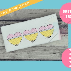 Sketch Pencil Heart  TRIO  Back to School Design | Machine Applique Embroidery Design | Quick Sketch Stitch | Instant Download
