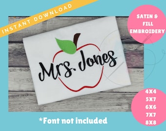 Apple Name Frame with Satin Outline and Fill Stitching  Back to School Design | Machine Embroidery Design | Instant Download