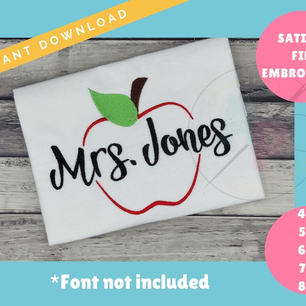 Apple Name Frame with Satin Outline and Fill Stitching  Back to School Design | Machine Embroidery Design | Instant Download