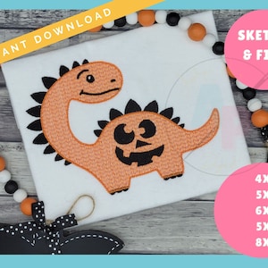 May include: Orange and black embroidered dinosaur with a jack-o'-lantern face.  The design is available in 4x4, 5x5, 6x6, 5x7, and 8x8 sizes.  "Sketch & Fill" is written on a pink circle.