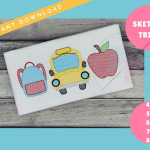 Sketch School Bus First Day TRIO  Back to School Design | Machine Applique Embroidery Design | Quick Sketch Stitch | Instant Download