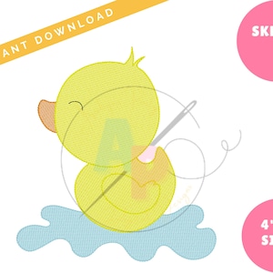 May include: A yellow rubber duck with a needle and thread going through it, sitting on a blue water puddle. The duck is smiling and has a pink beak. The text "SKETCH" is in a pink circle in the upper right corner of the image. The text "4"-"8" SIZES" is in a pink circle in the lower right corner of the image.