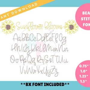 May include: A digital download of a sunflower-themed font in a bean stitch style. The font includes all uppercase letters and numbers. The image shows the font in various sizes from 0.75 inches to 3.0 inches.