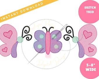 Girly Heart Butterfly Sketch TRIO Embroidery Design | Machine Applique Embroidery Design | Quick Sketch Stitch | Instant Download